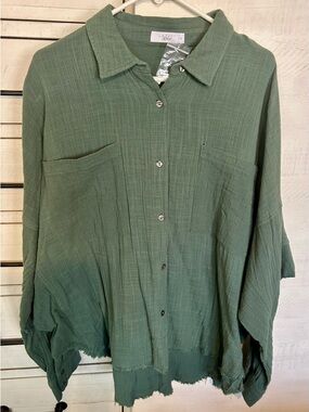 TALULAH Olive Green Textured Button-Up Blouse
